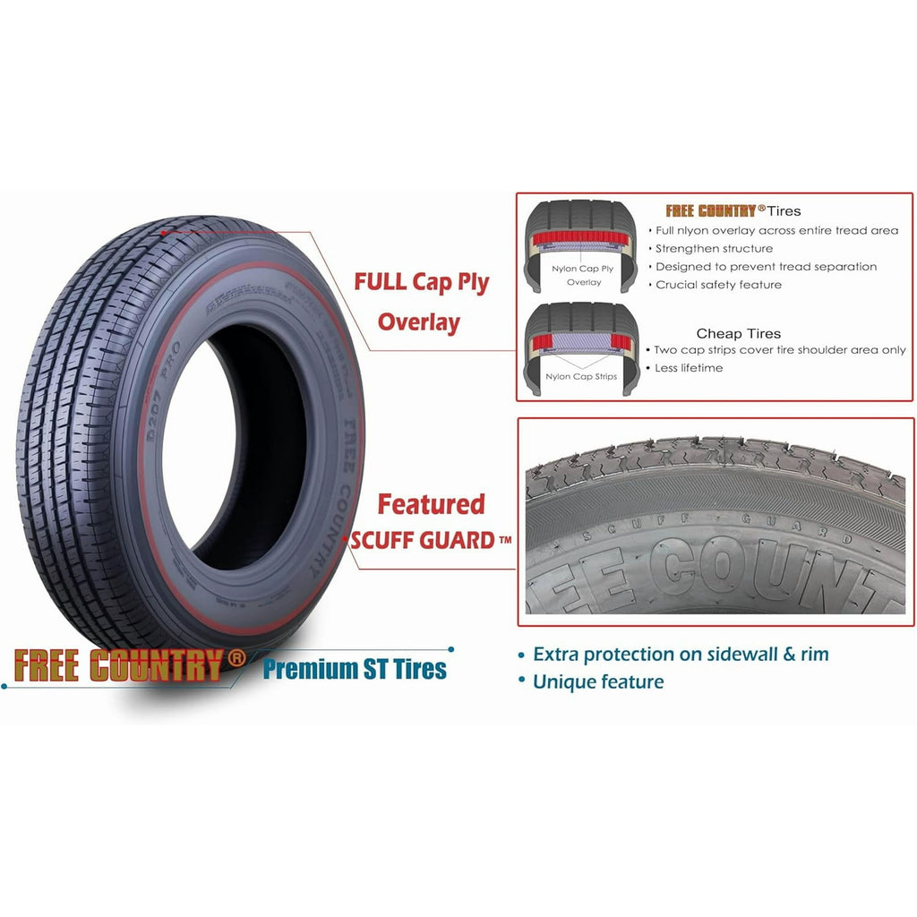 Free Country New PremiumST225/75R15 10 Ply Load Range E w/Featured Side Scuff Guard Trailer Radial Tires, Set of 4