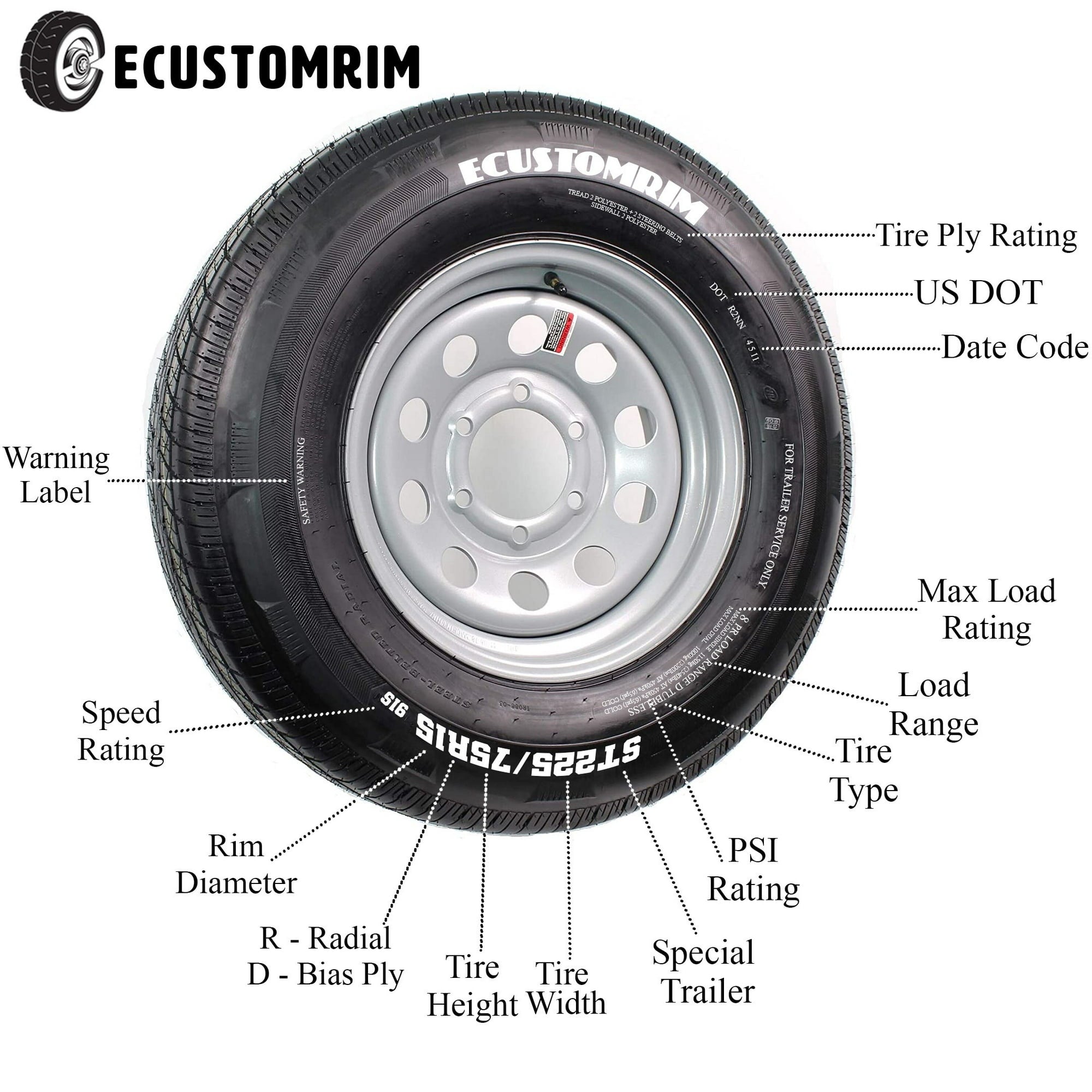 eCustomRim Trailer Tire On Rim ST205/75D14 205/75 14 in. LRC 5 Bolt Galvanized Spoke Wheel