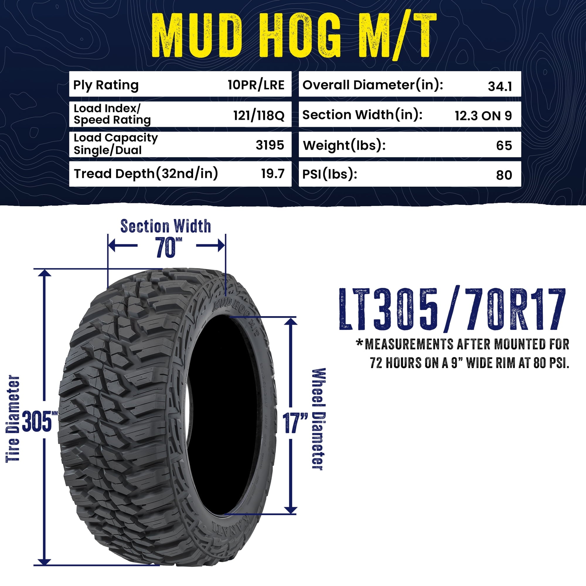 Kanati Tires Kanati Mud Hog M/T LT305/70R17 121Q Mud Terrain Tire (Tire Only)