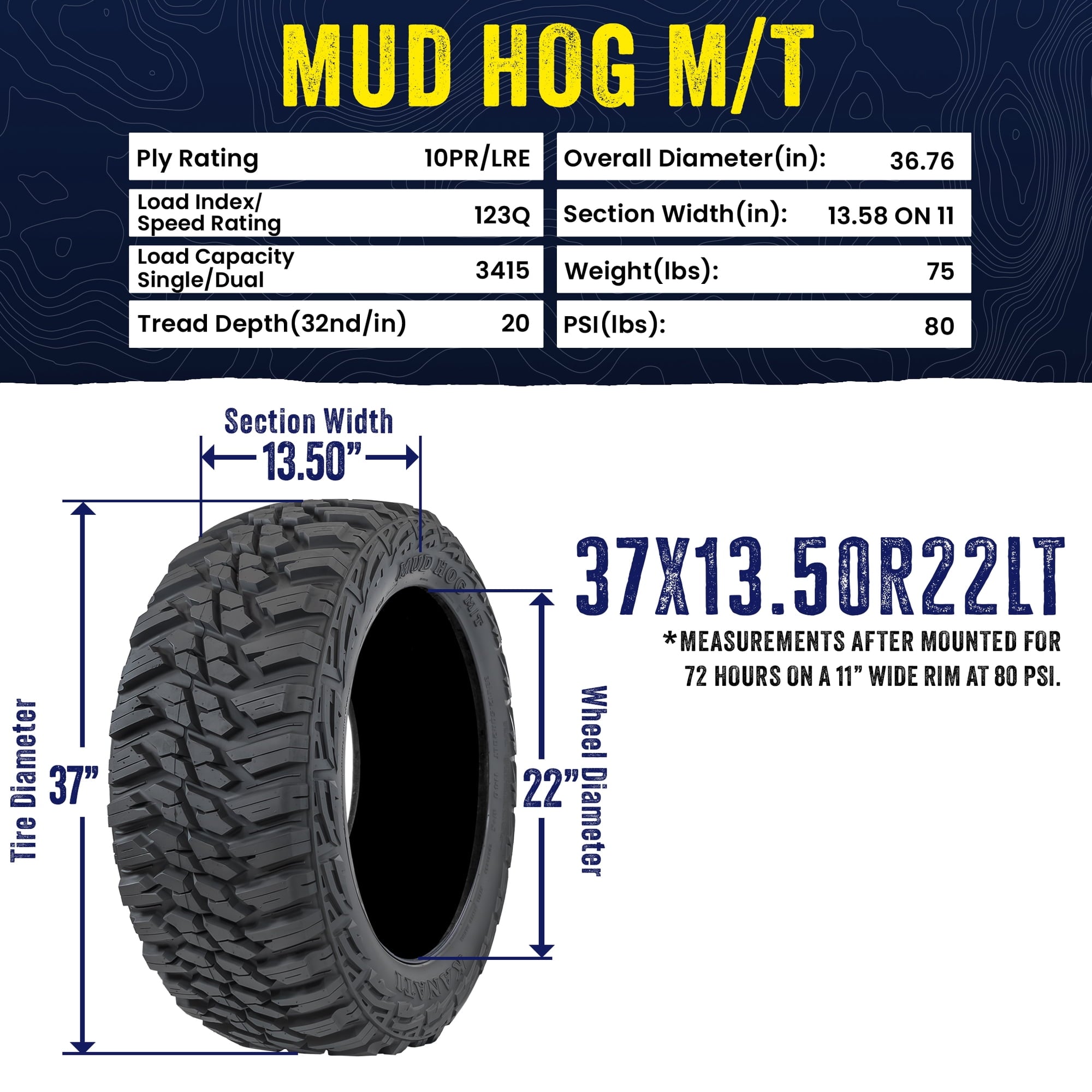 Kanati Tires Kanati Mud Hog M/T 37X13.50R22LT 123Q Mud Terrain Tire (Tire Only)