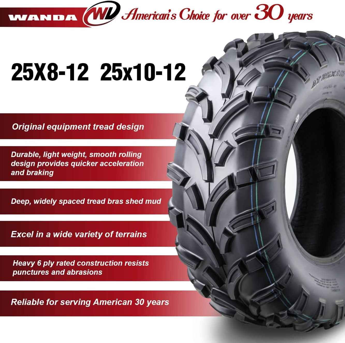 Wanda ATV/UTV Tires 25x8-12 Front & 25x10-12 Rear /6PR P373, Set 4